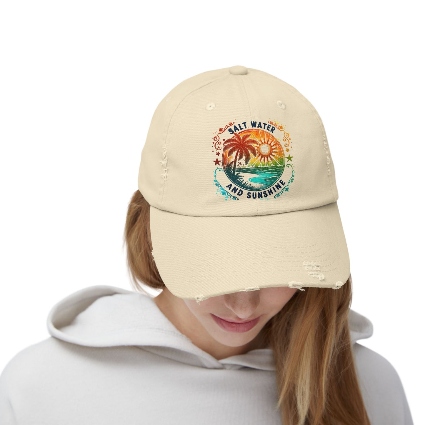 Salt Water and Sunshine Distressed Ball Cap - Coastal Vibe Hat