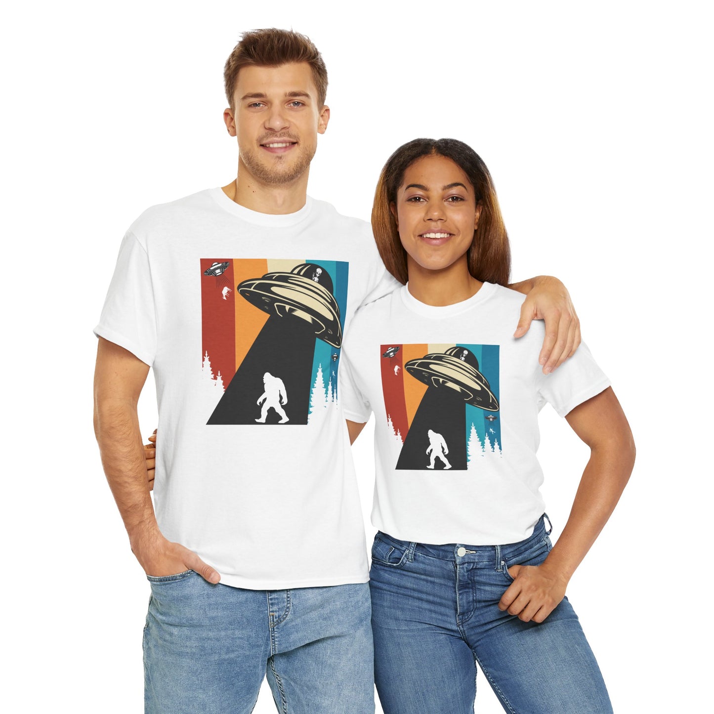 UFO Bigfoot Abduction T-Shirt - Forest Alien Grab Design