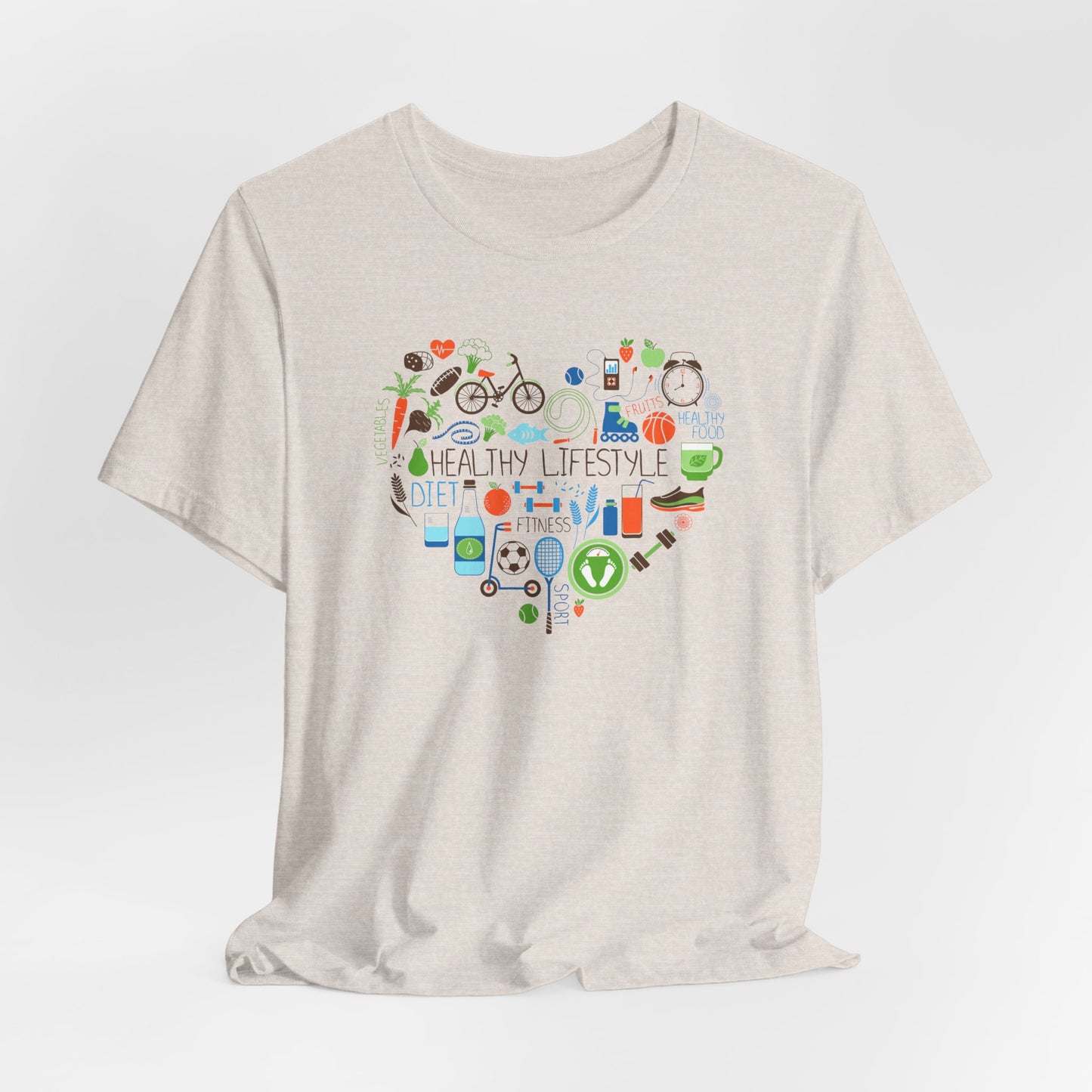 Healthy Lifestyle T-Shirt - Heart-Shaped Food & Fitness Design