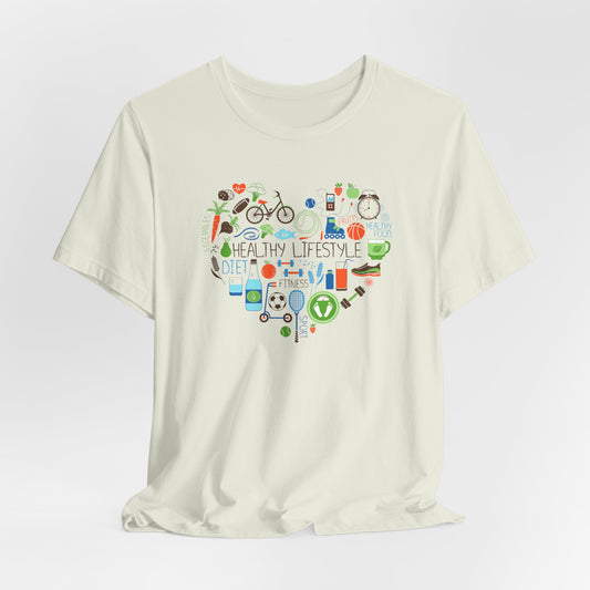 Healthy Lifestyle T-Shirt - Heart-Shaped Food & Fitness Design