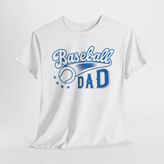 A white graphic t-shirt with 'Baseball Dad' written in blue and stylized lettering, featuring a baseball graphic on the front.