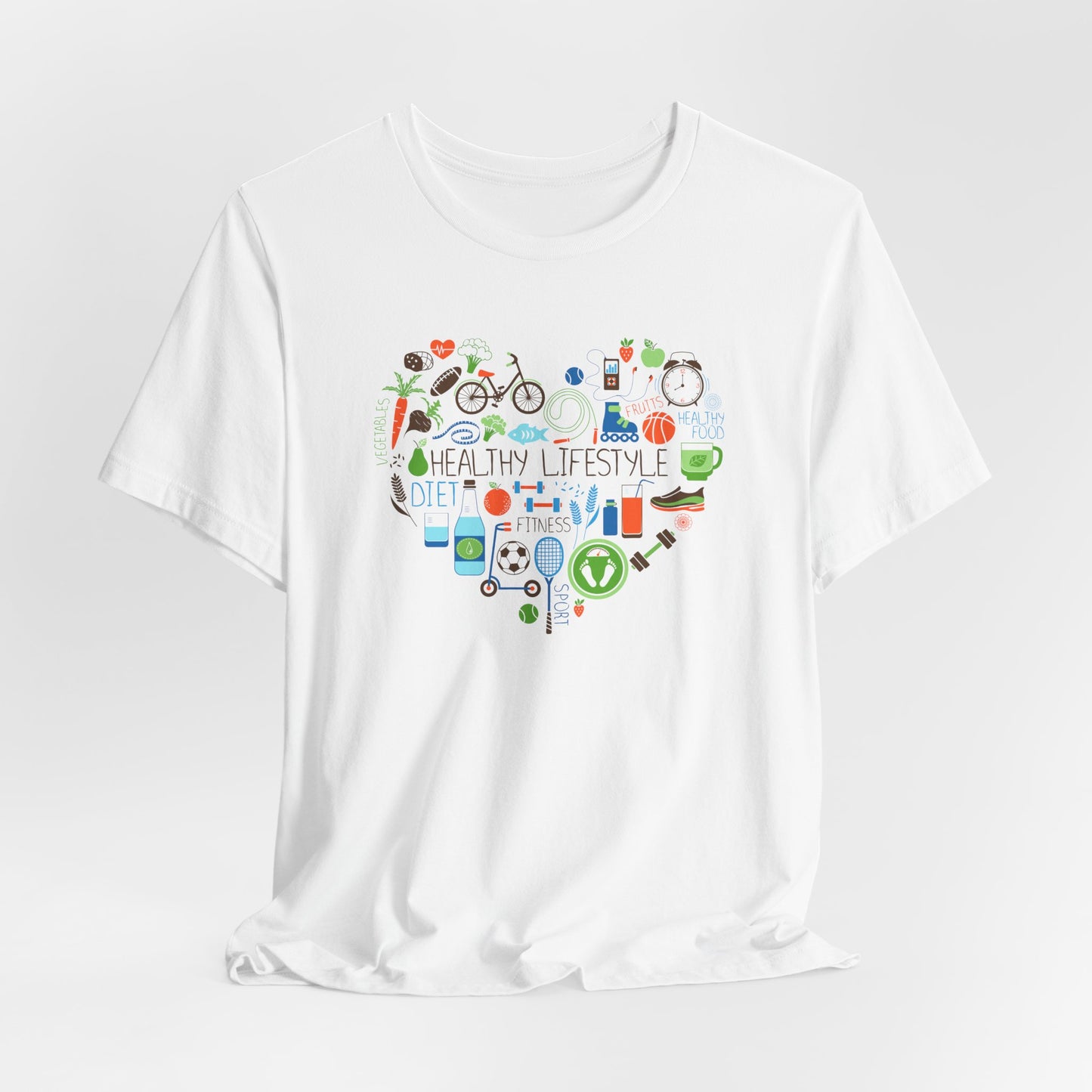 Healthy Lifestyle T-Shirt - Heart-Shaped Food & Fitness Design