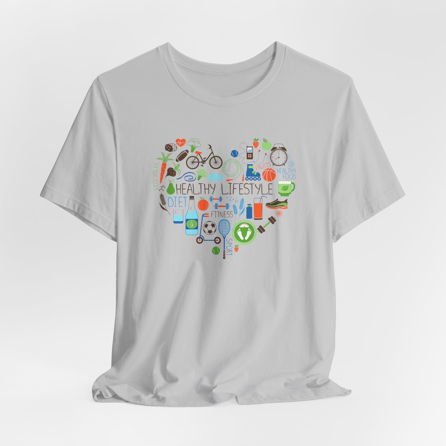 Healthy Lifestyle T-Shirt - Heart-Shaped Food & Fitness Design