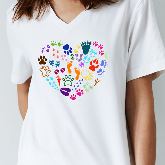 unisex v neck t-shirt featuring different animal prints in different colors in the shape of a heart.