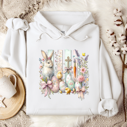 Easter Bunny Floral Collage Hoodie - Festive Spring Graphic Sweatshirt