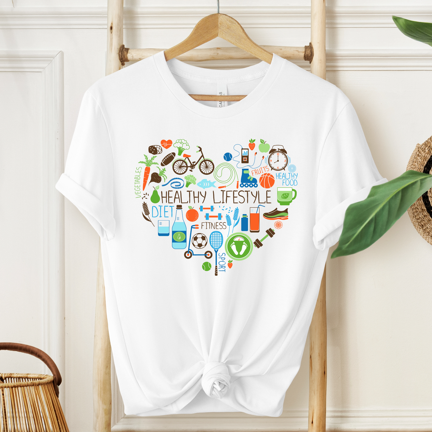 Healthy Lifestyle T-Shirt - Heart-Shaped Food & Fitness Design
