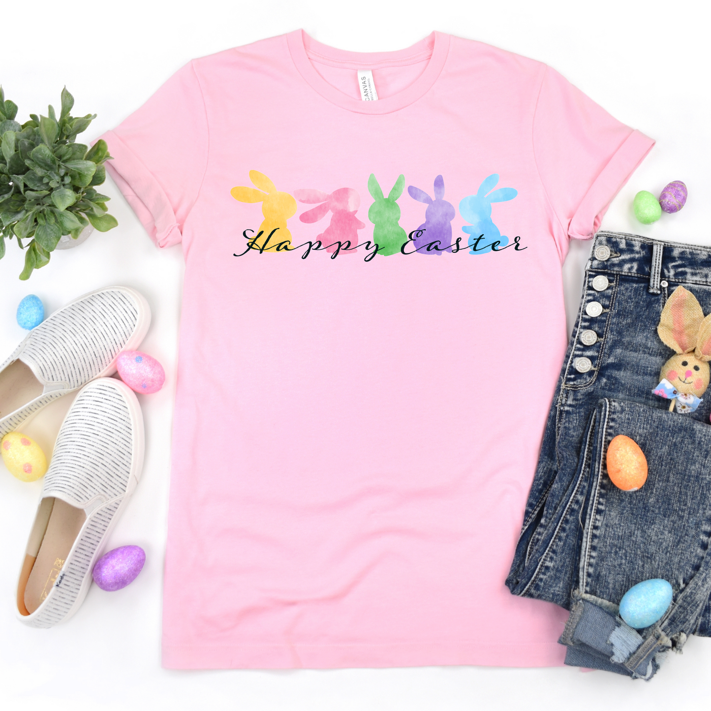 Happy Easter Pastel Bunnies T-Shirt - Cute Spring Graphic Tee