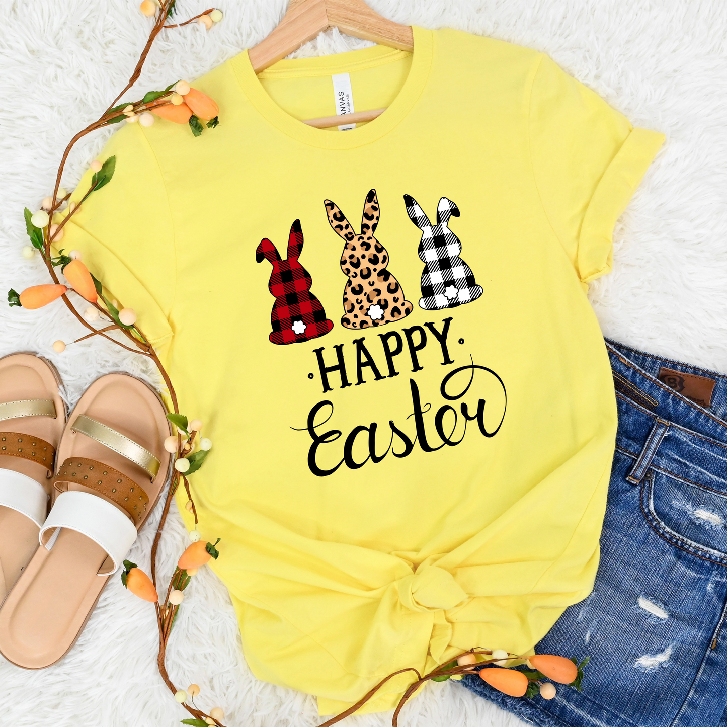 Happy Easter Textile Bunnies T-Shirt - Spring Graphic Tee