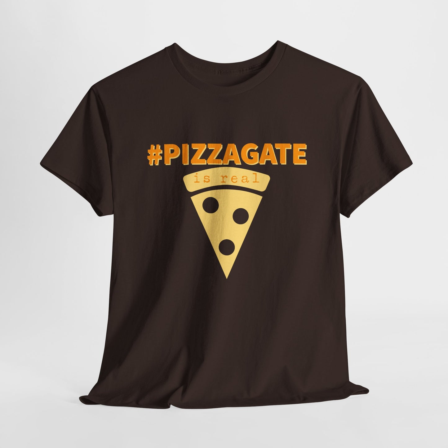 Dark chocolate t-shirt depicting a graphic of a slice of pizza that says Pizzagate is real in orange lettering.