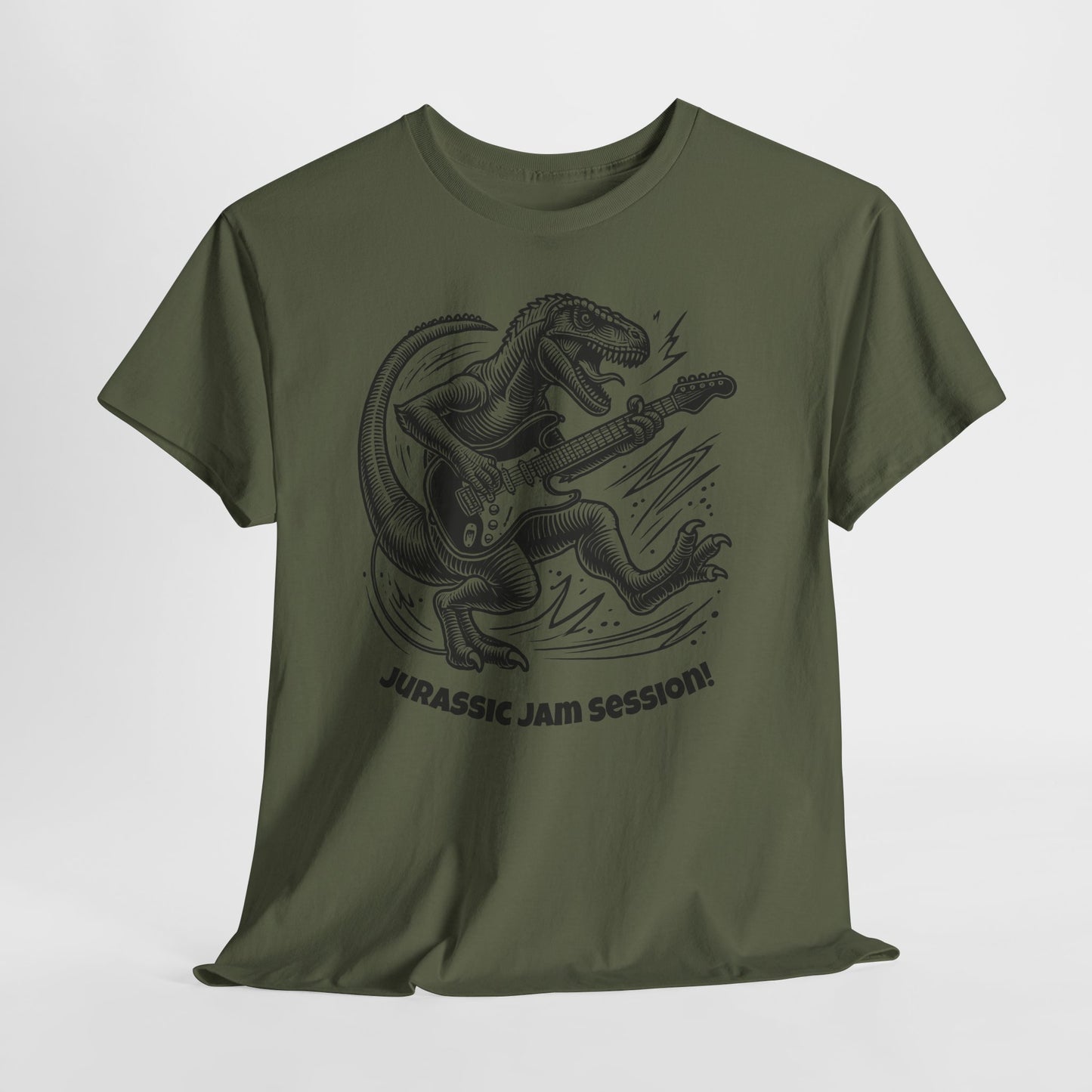 Jurassic Jam Session T-Shirt — Guitar Playing Velociraptor Graphic Tee