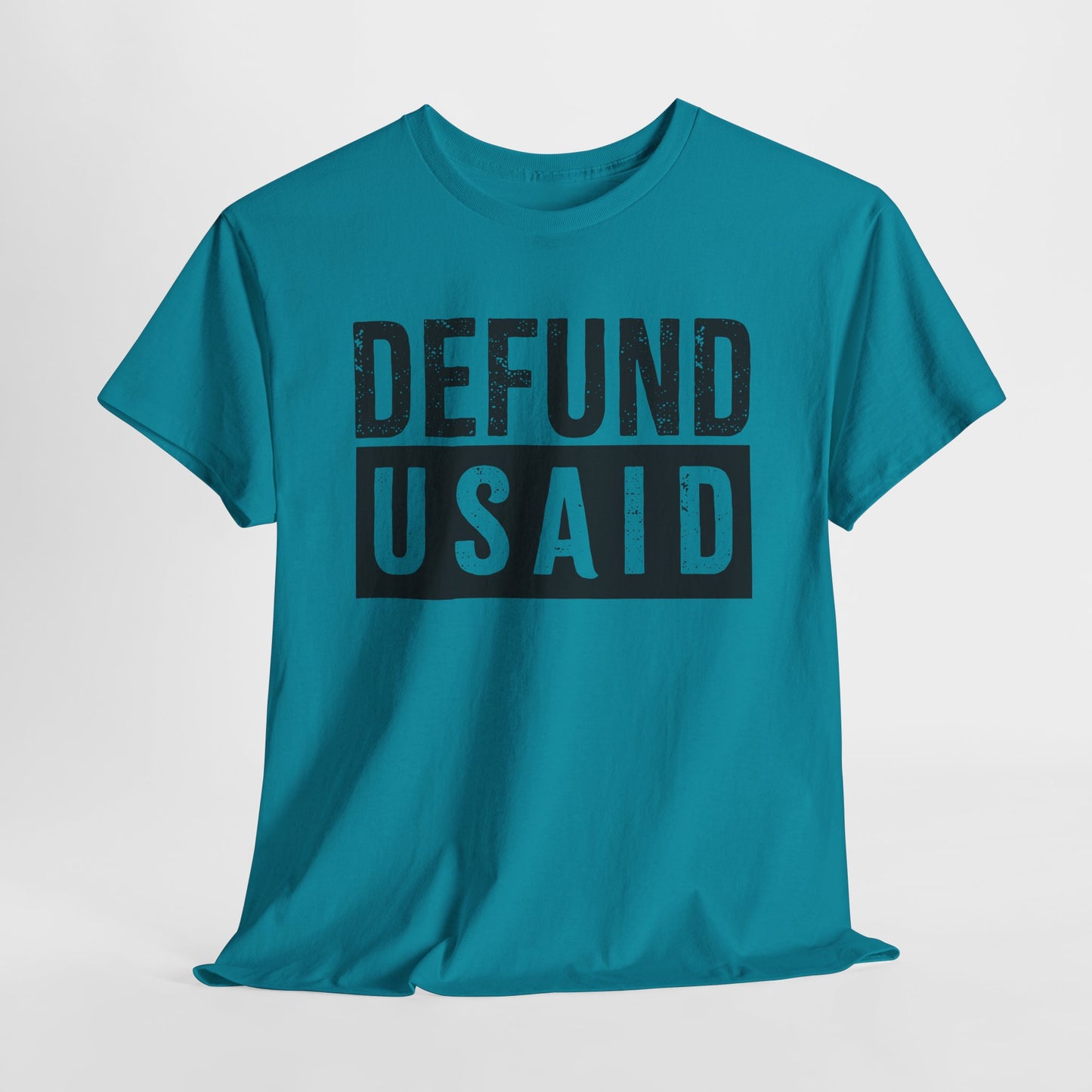 Tropical blue short sleeve tshirt with black lettering that says Defund USAID