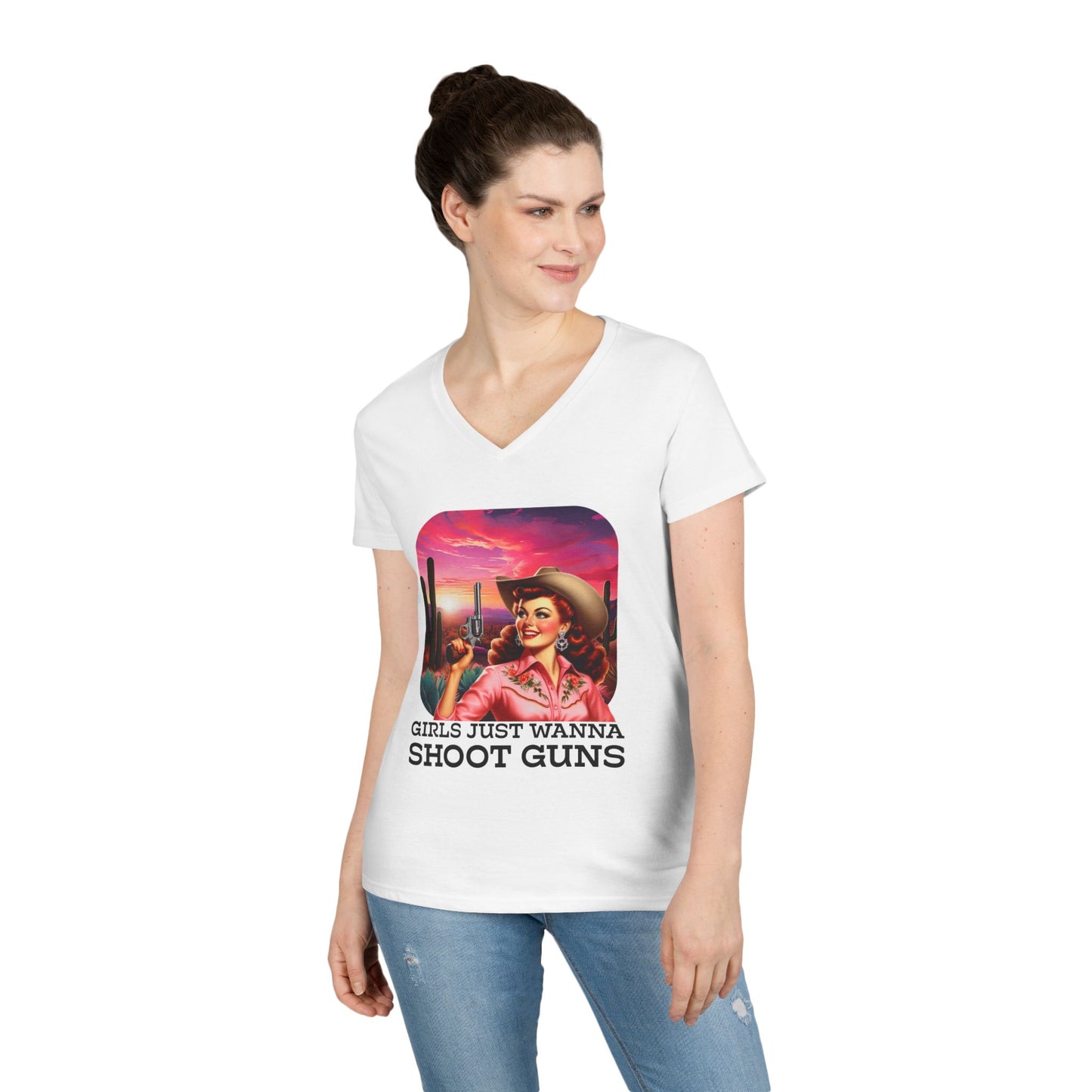 Girls Just Wanna Shoot Guns Cowgirl V-Neck Tee