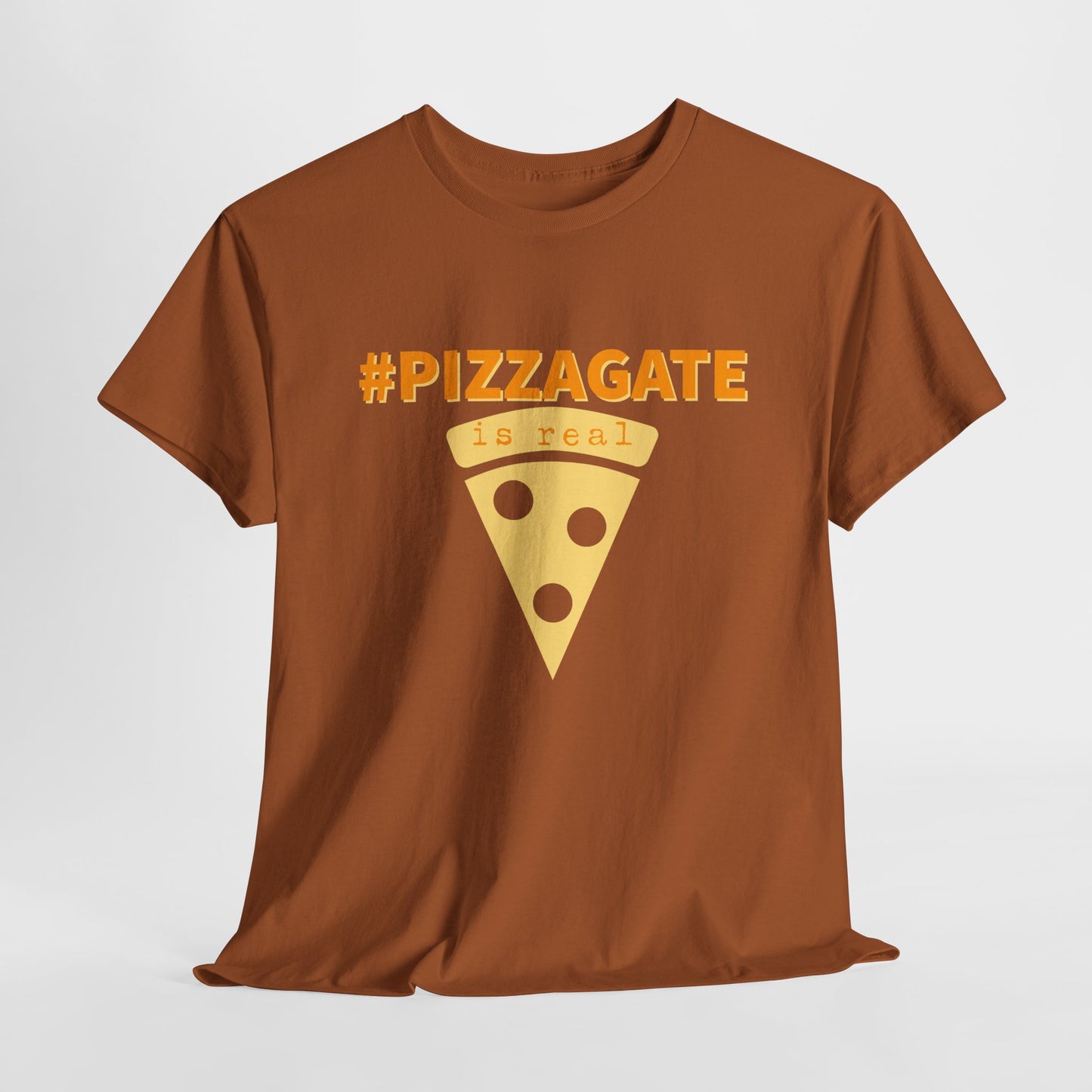 Texas Orange t-shirt depicting a graphic of a slice of pizza that says Pizzagate is real in orange lettering.