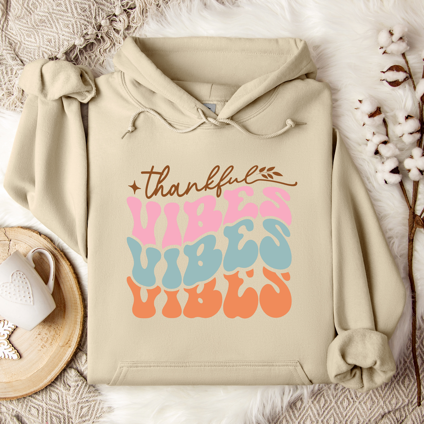 RetroThankful Vibes Hooded Sweatshirt For Thanksgiving Hoodie For Warm Turkey Day Shirt