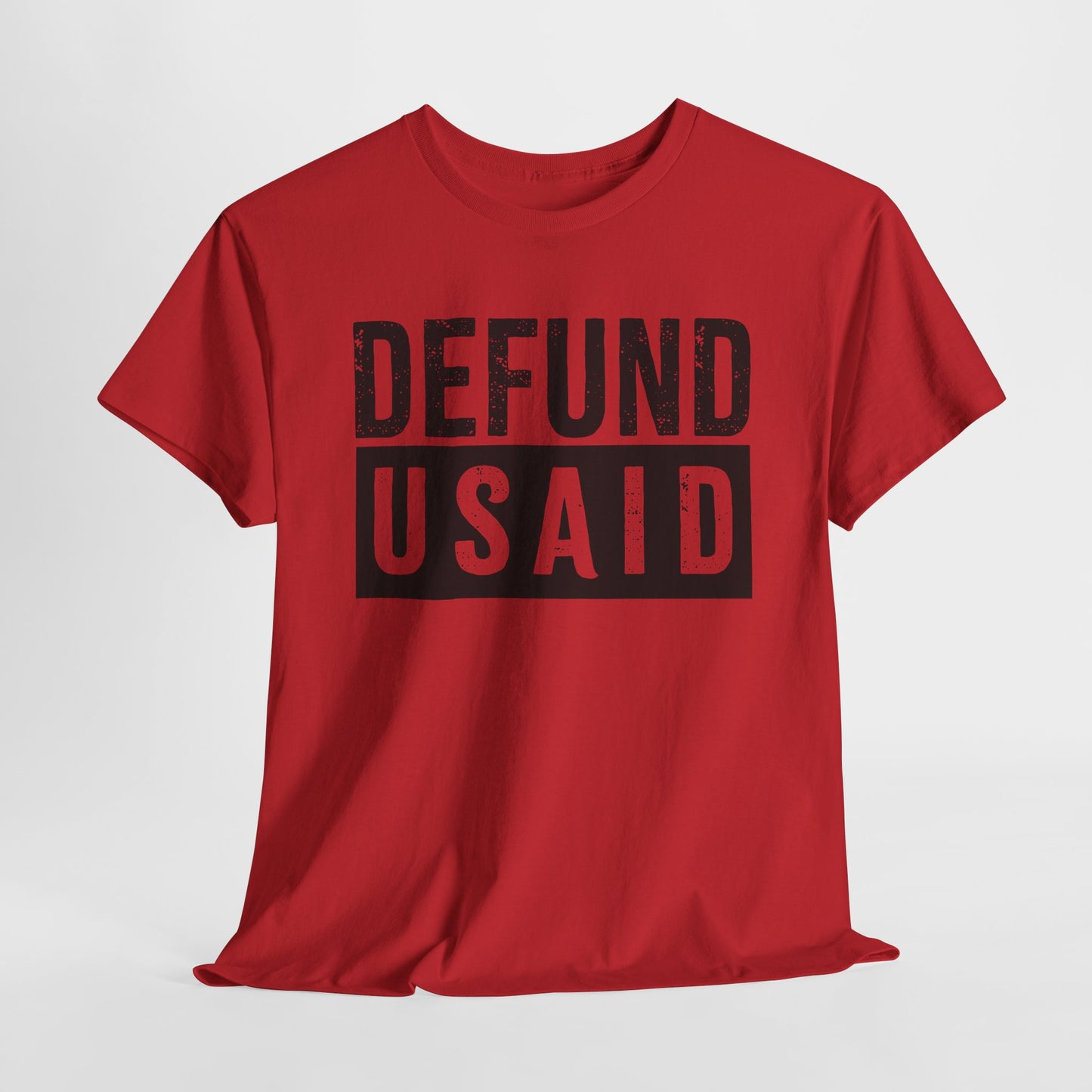 Red short sleeve tshirt with black lettering that says Defund USAID