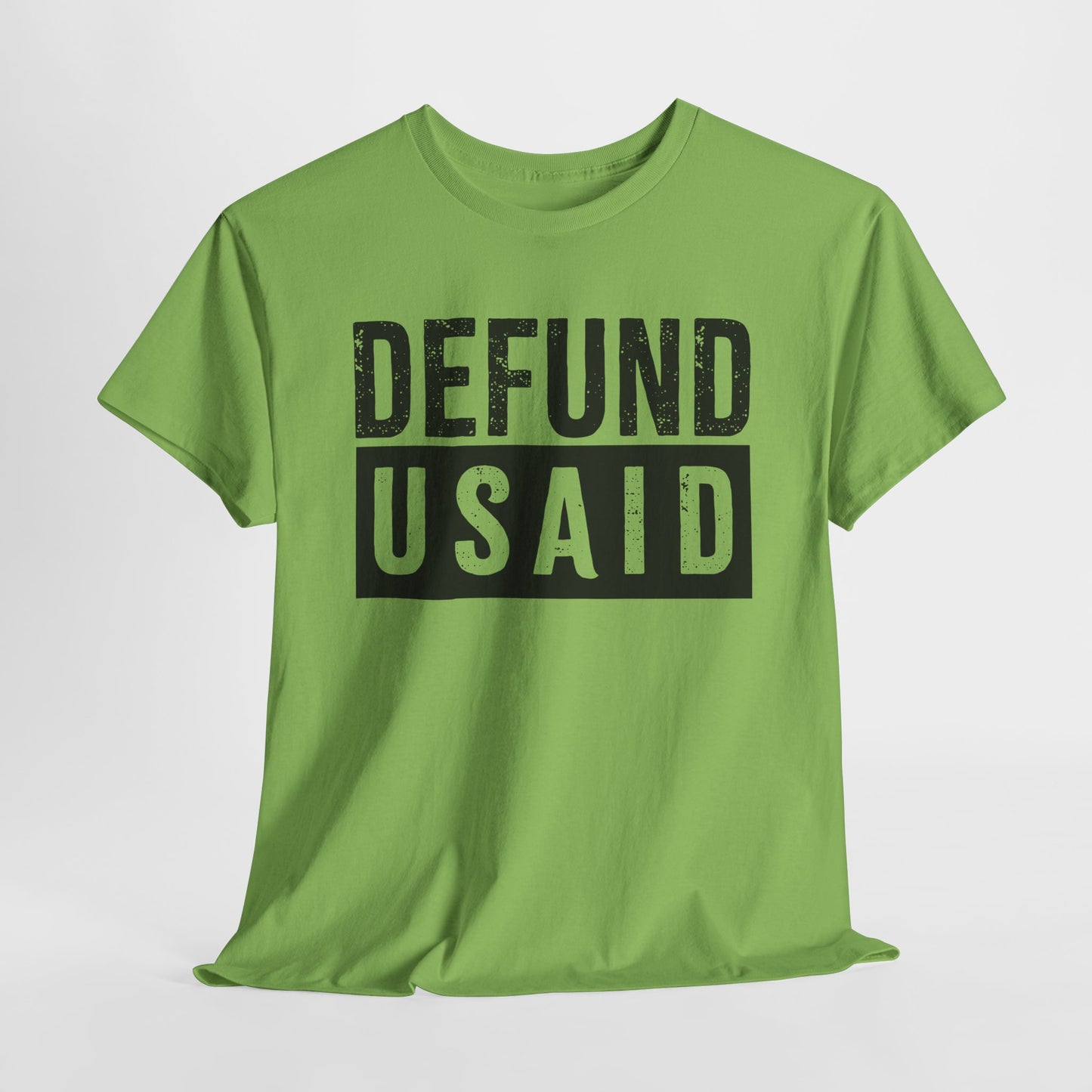 Lime green short sleeve tshirt with black lettering that says Defund USAID