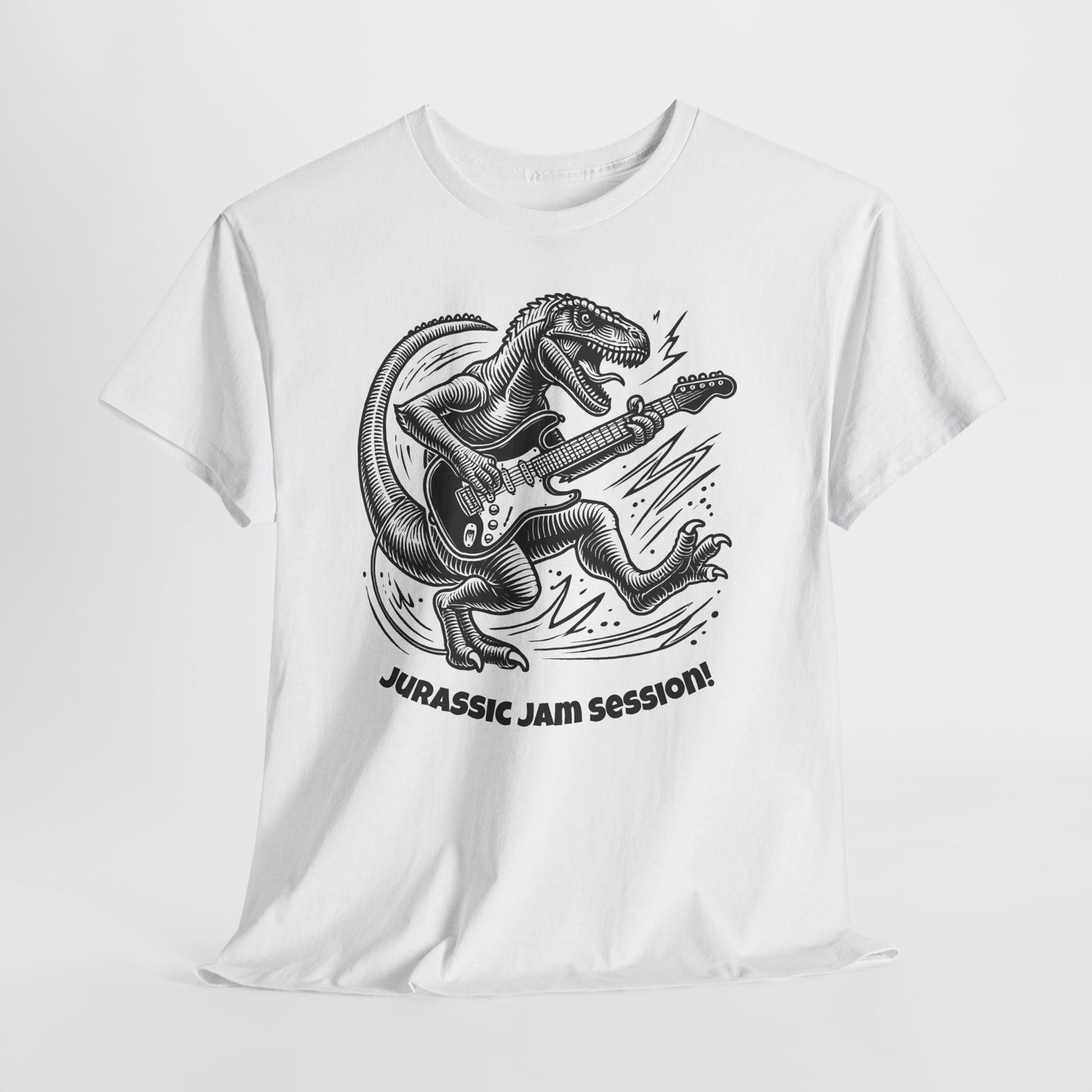 Jurassic Jam Session T-Shirt — Guitar Playing Velociraptor Graphic Tee