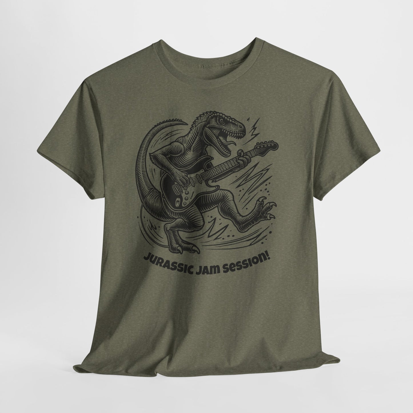Jurassic Jam Session T-Shirt — Guitar Playing Velociraptor Graphic Tee