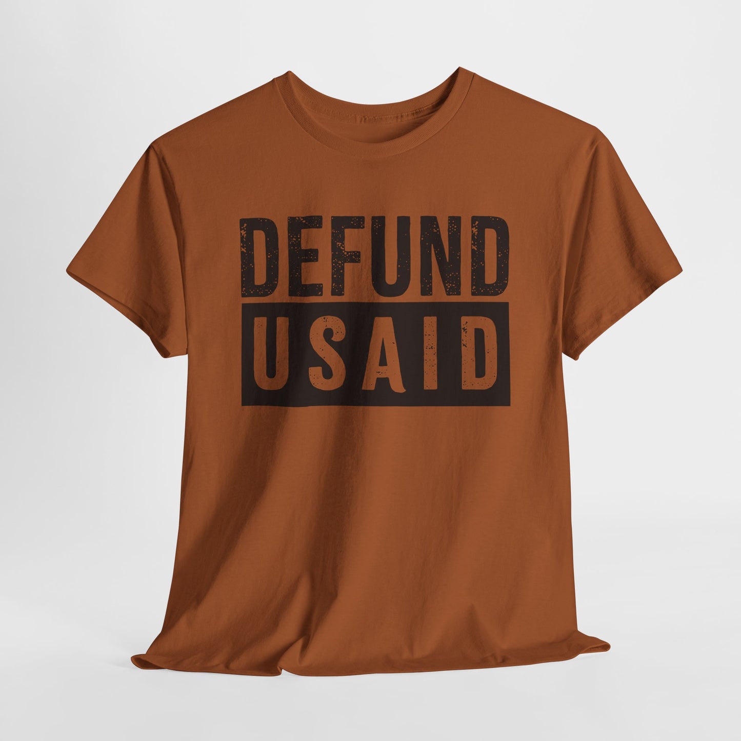 Texas orange short sleeve tshirt with black lettering that says Defund USAID