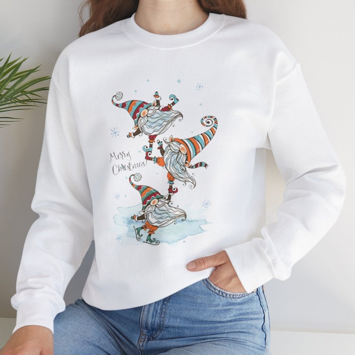 Christmas Sweatshirt With Skating Gnomes For Fun Holiday Shirt For Festive Ladies Top