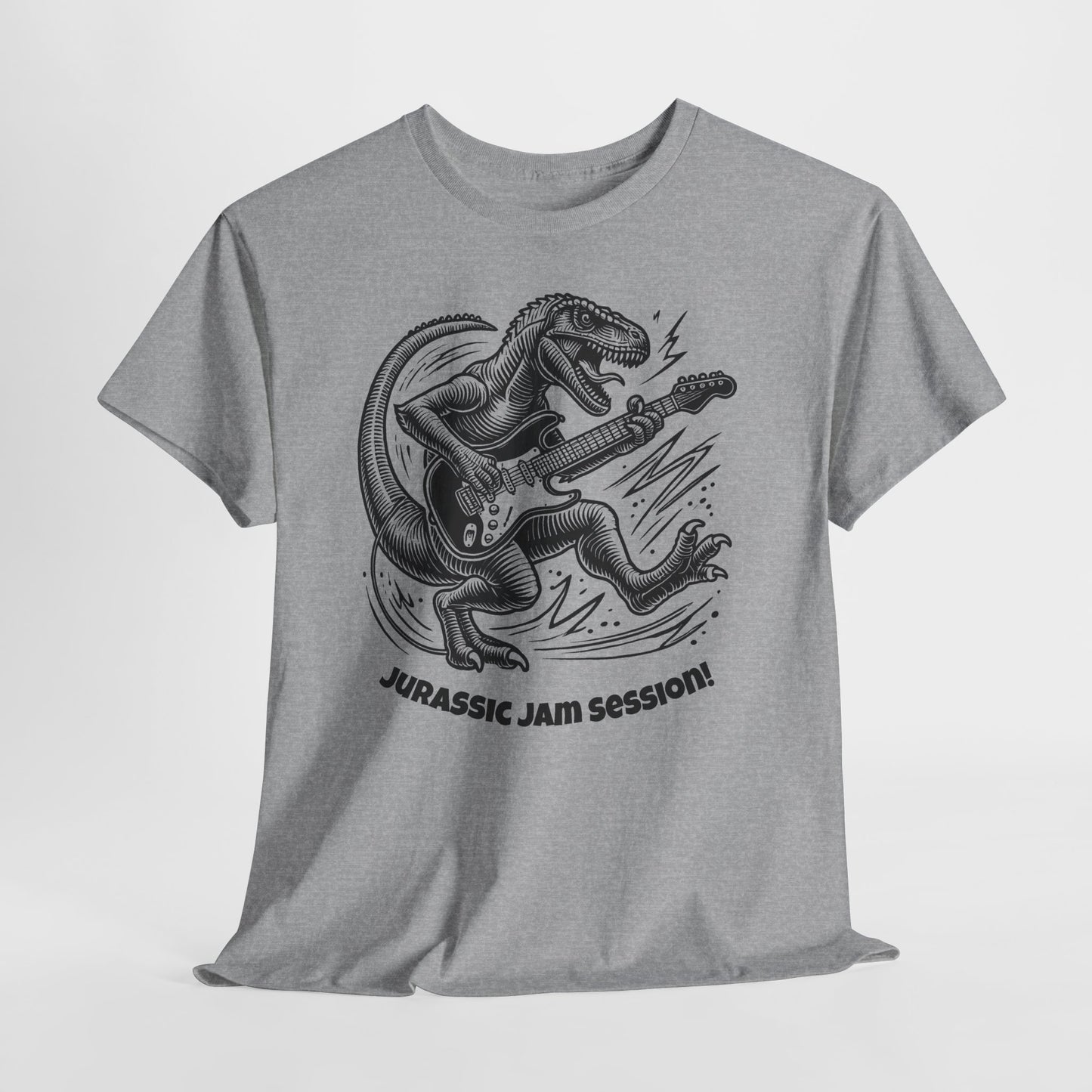 Jurassic Jam Session T-Shirt — Guitar Playing Velociraptor Graphic Tee