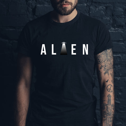 classic black t-shirt with the word alien printed in white. the "I" is a spaceship with a beam.
