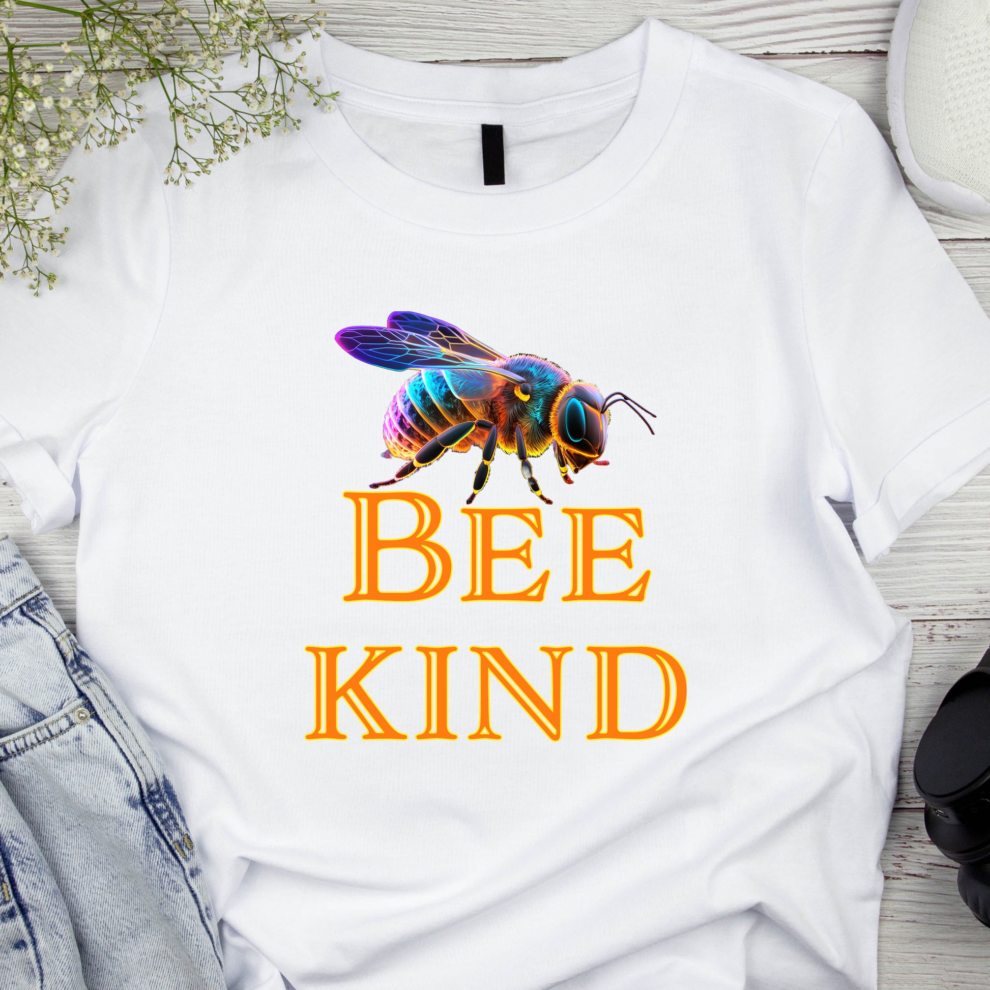 classic t-shirt featuring big multi colored bee above large yellow and orange text reading Bee Kind.