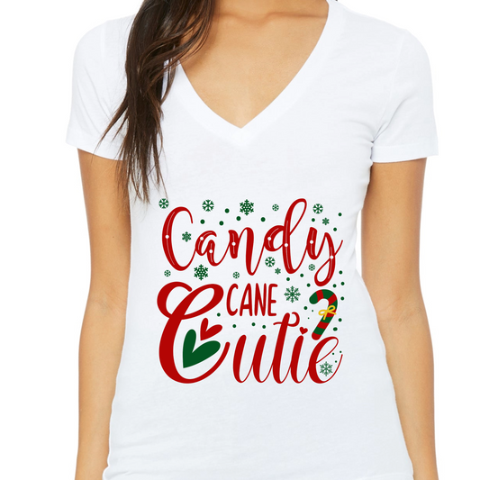 Candy Cane T-Shirt For Cute Holiday TShirt For Ladies Christmas V Neck T Shirt