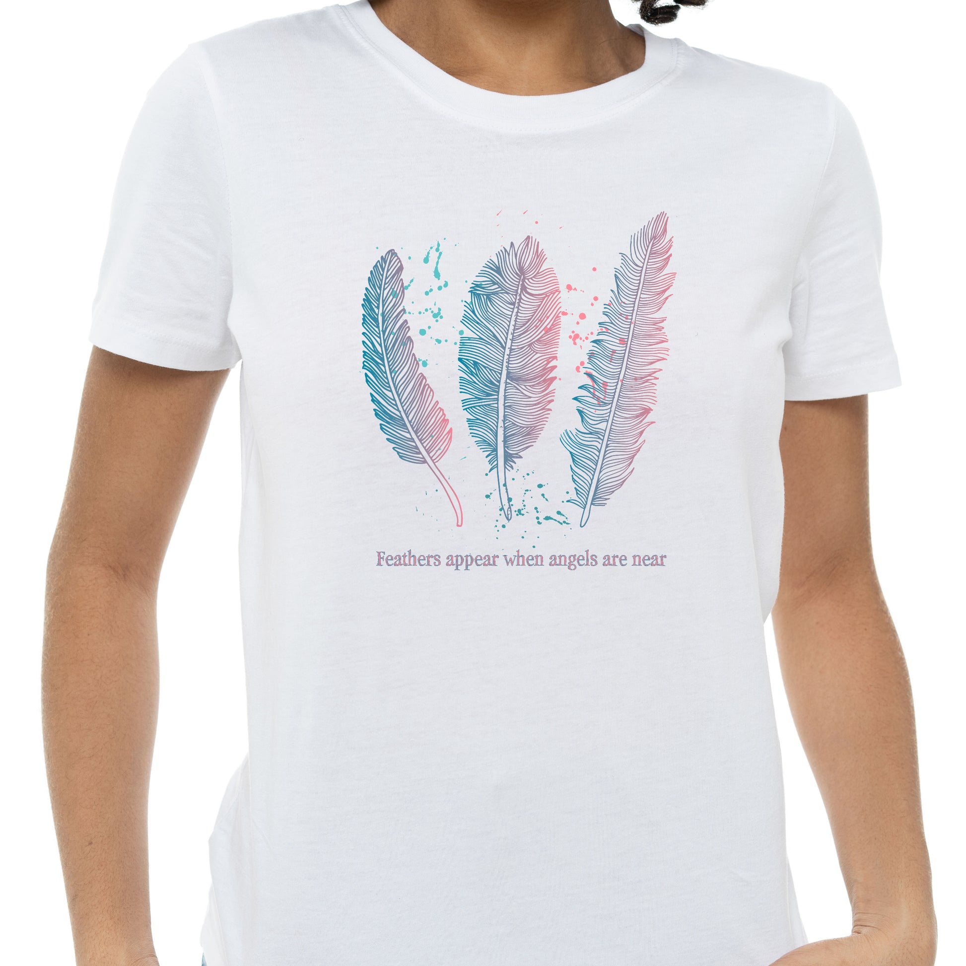 classic t-shirt featuring 3 pink and teal hand drawn feathers with text that reads Feathers appear when angels are near.
