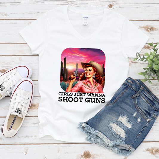 Girls Just Wanna Shoot Guns Cowgirl V-Neck Tee