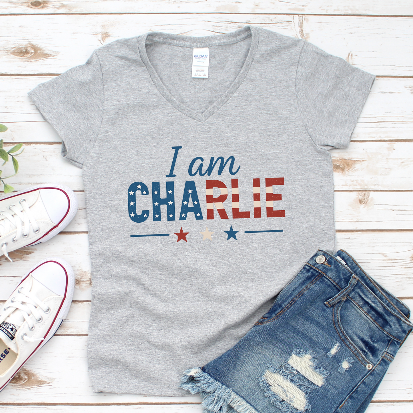 I Am Charlie V-Neck T-Shirt - Patriotic Charlie Kirk Tee