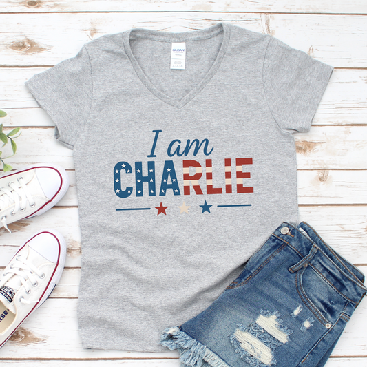 I Am Charlie V-Neck T-Shirt - Patriotic Charlie Kirk Tee
