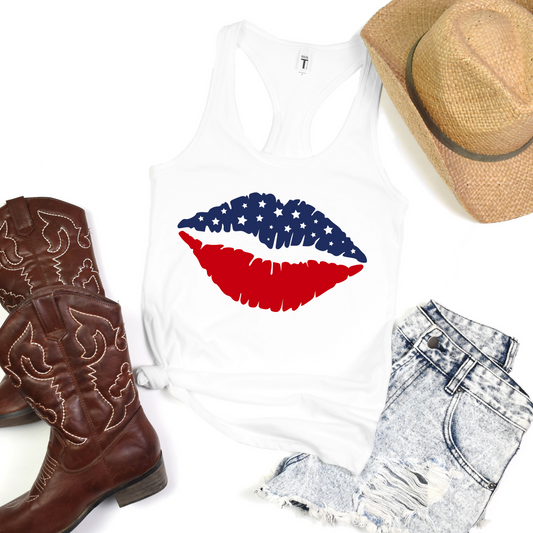 Patriotic Lips T-Shirt For Fourth of July Tank Top For American Pride Top For Women